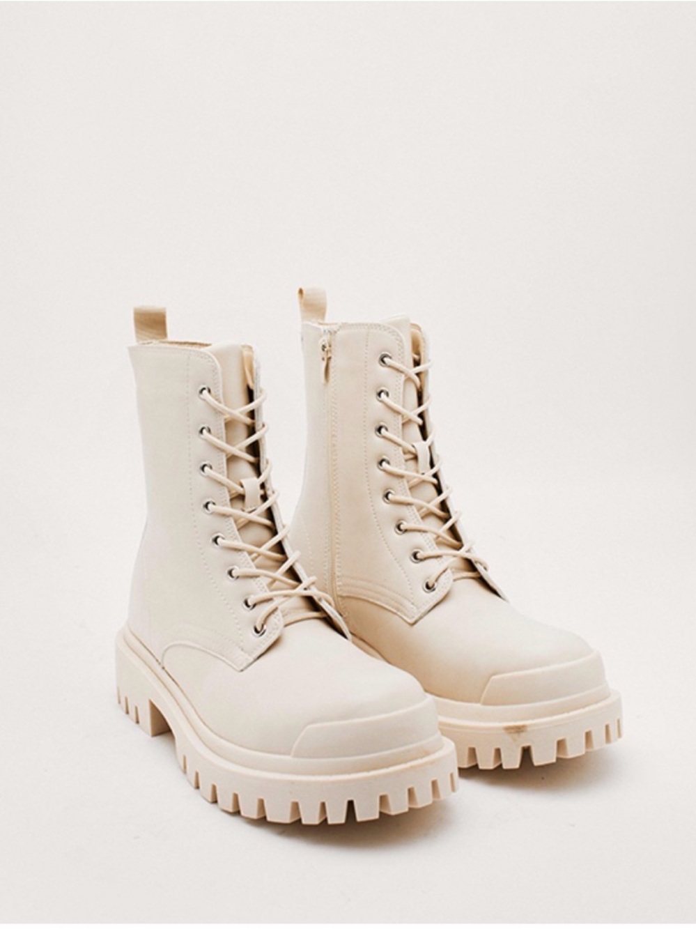Nasty Gal Faux Leather Cleated Combat Biker Boots Cream Ecru US 7.5 / UK 5